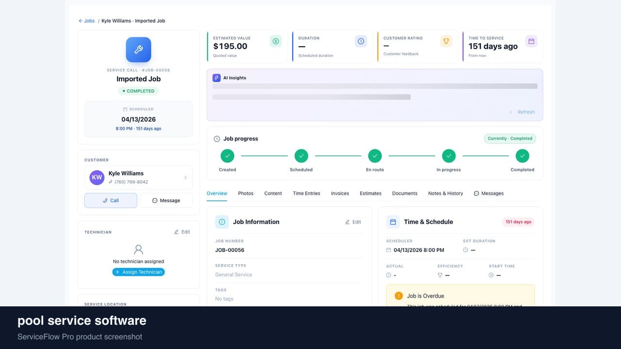 pool service software in ServiceFlow Pro — a dispatcher at a live job board for Pool Service