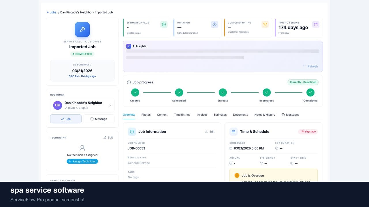 spa service software in ServiceFlow Pro — a dispatcher at a live job board for Pool Service