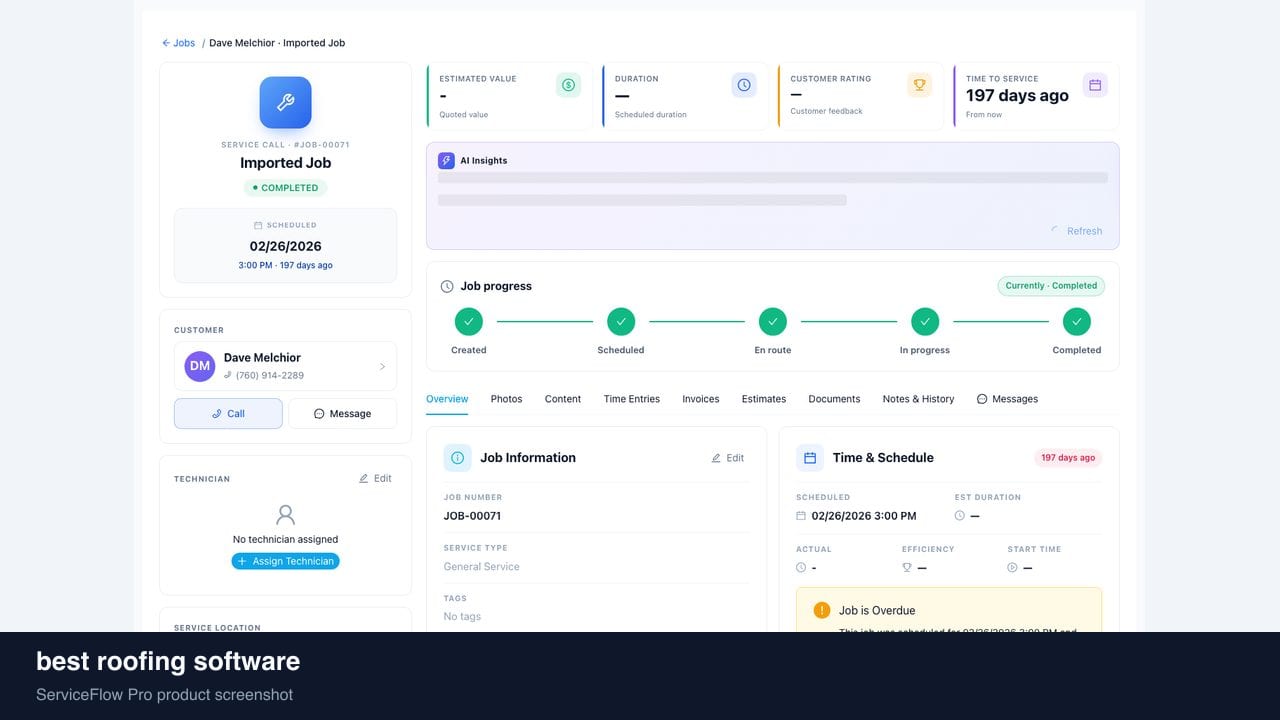 best roofing software in ServiceFlow Pro — an ops manager reviewing job analytics for Roofing Services