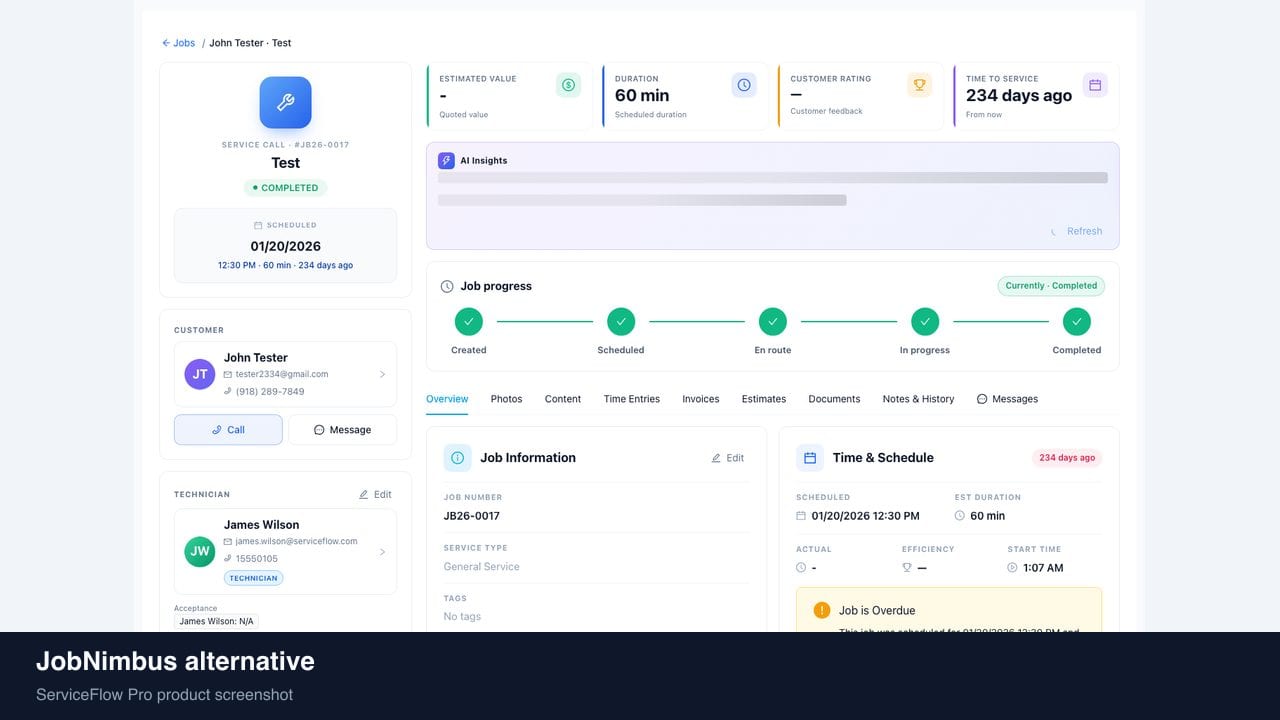 JobNimbus alternative in ServiceFlow Pro — owners comparing field service software options for Roofing Services