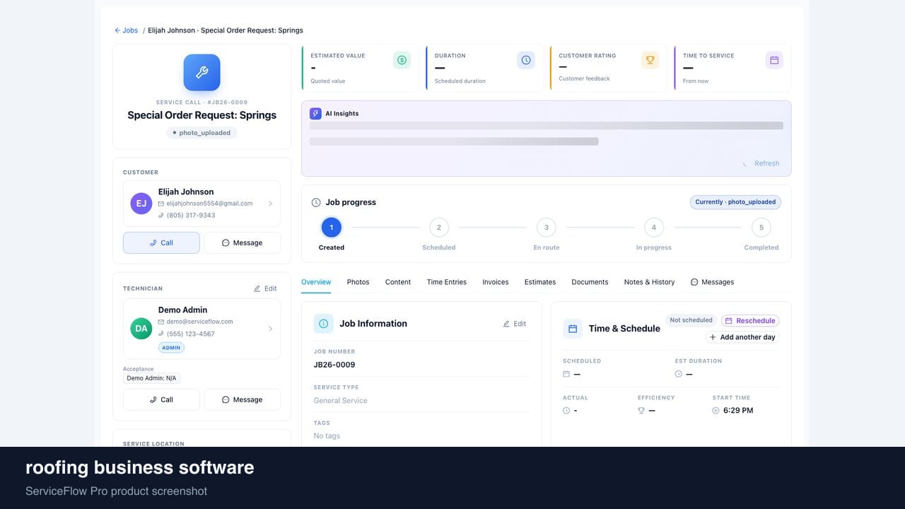 roofing business software in ServiceFlow Pro — an ops manager reviewing job analytics for Roofing Services