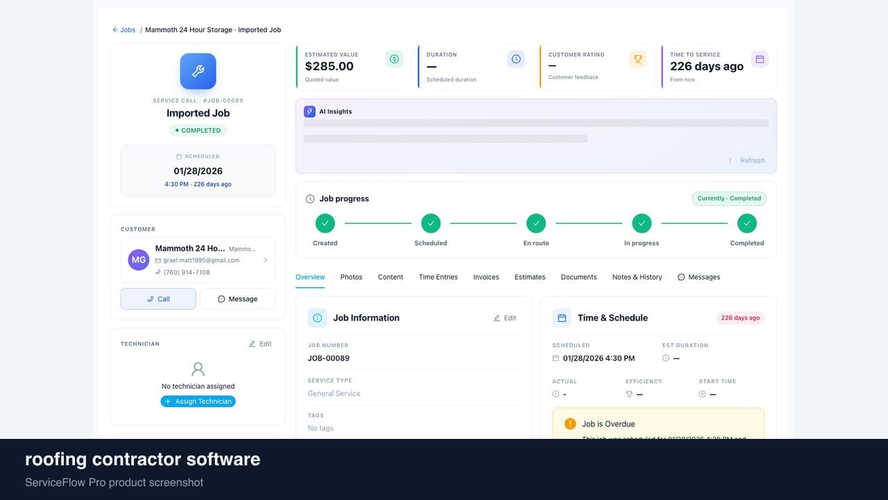 roofing contractor software in ServiceFlow Pro — a dispatcher at a live job board for Roofing Services