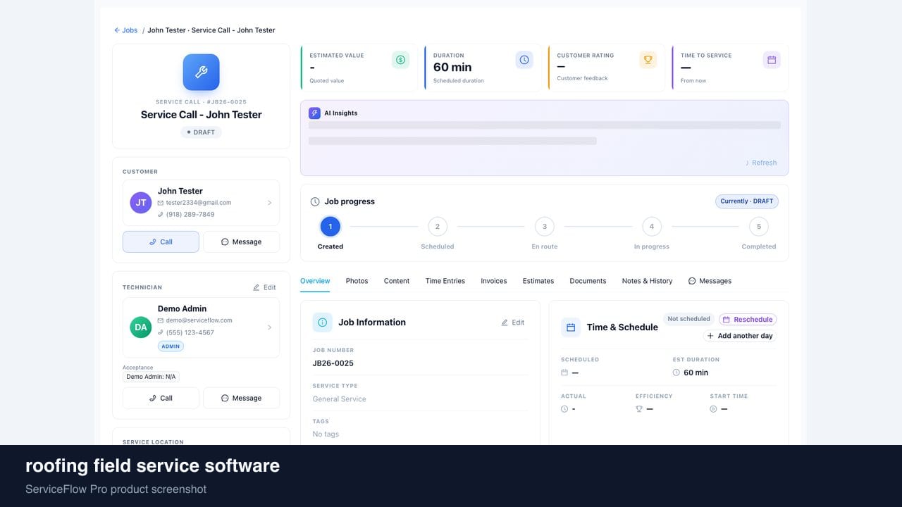 roofing field service software in ServiceFlow Pro — an ops manager reviewing job analytics for Roofing Services
