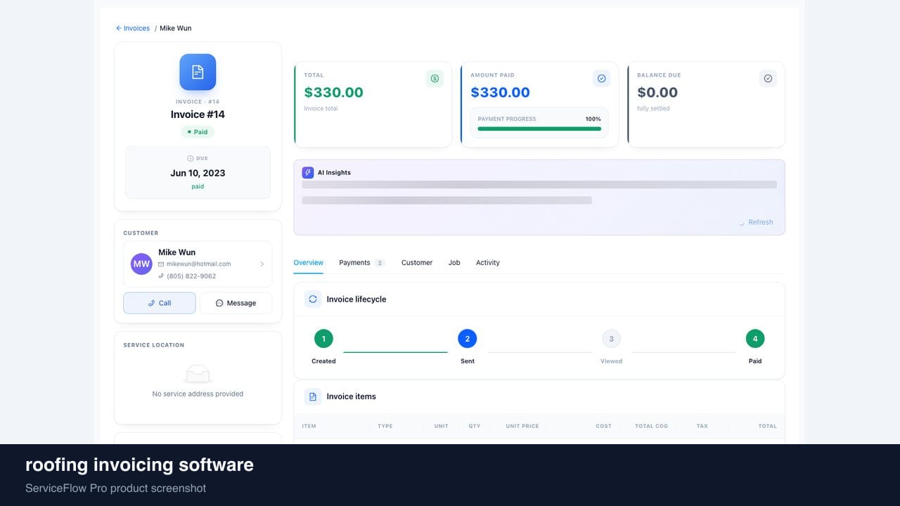 roofing invoicing software in ServiceFlow Pro — collecting payment on a tablet at the door for Roofing Services