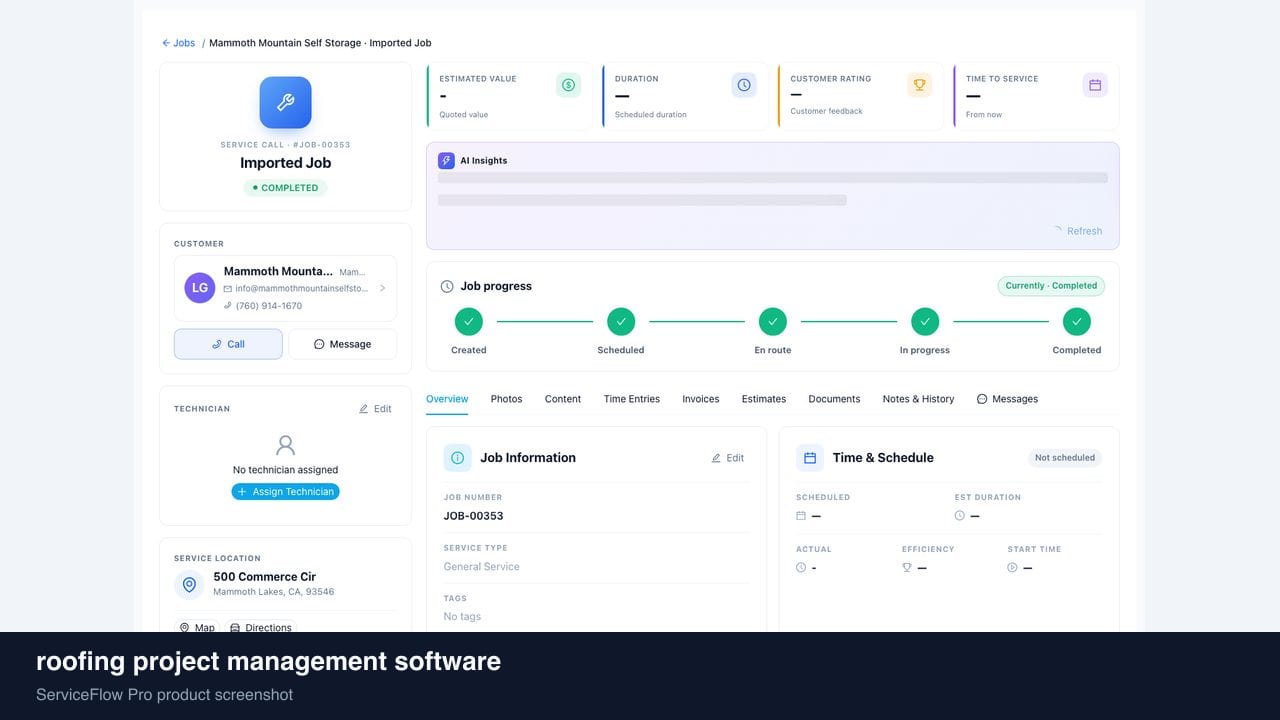 roofing project management software in ServiceFlow Pro — a dispatcher at a live job board for Roofing Services