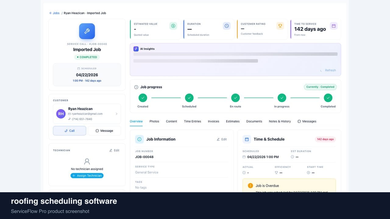 roofing scheduling software in ServiceFlow Pro — a dispatcher at a live job board for Roofing Services